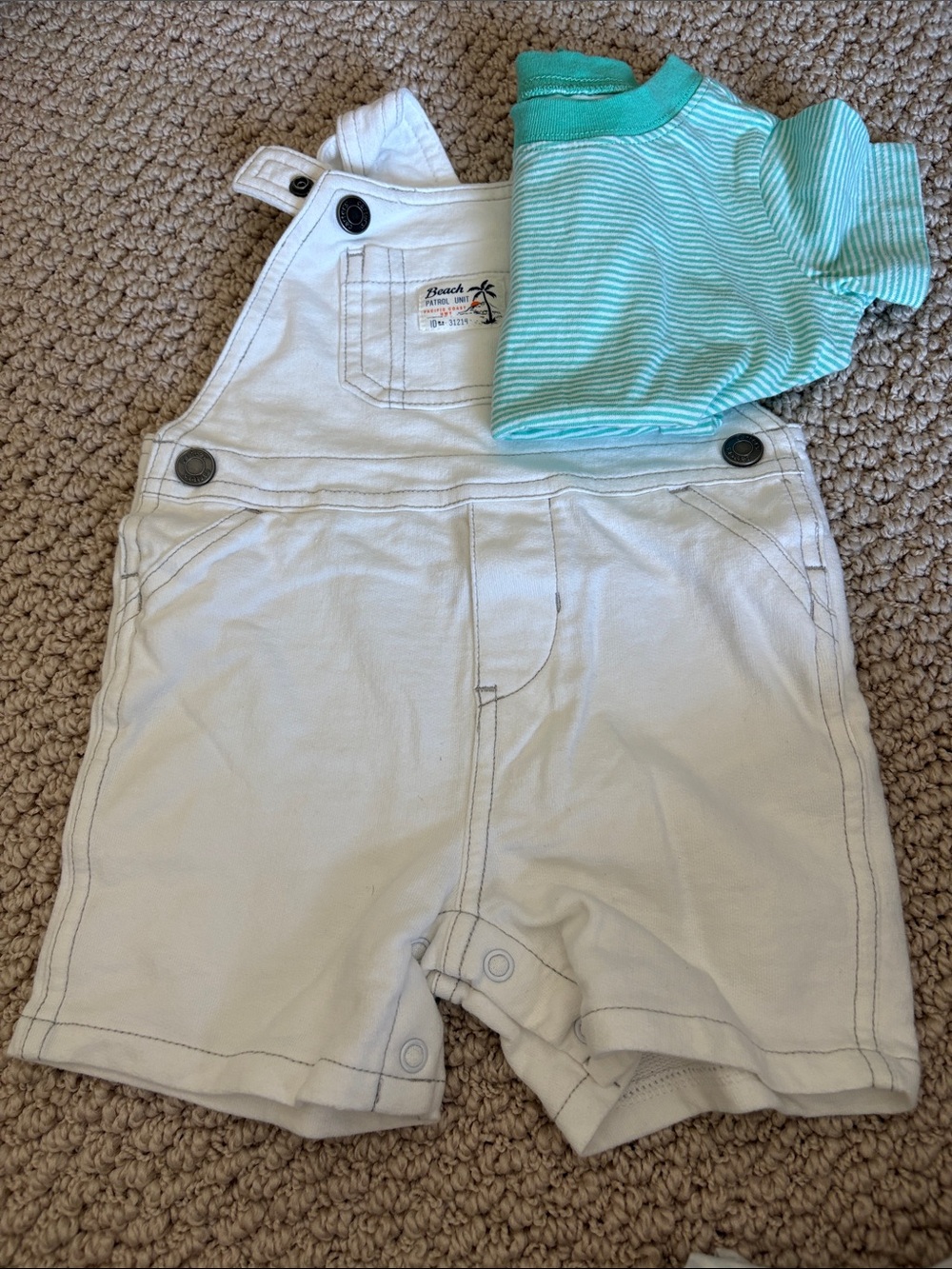 Baby’s White Shortall Overalls with Mint Striped Tee 12 Months